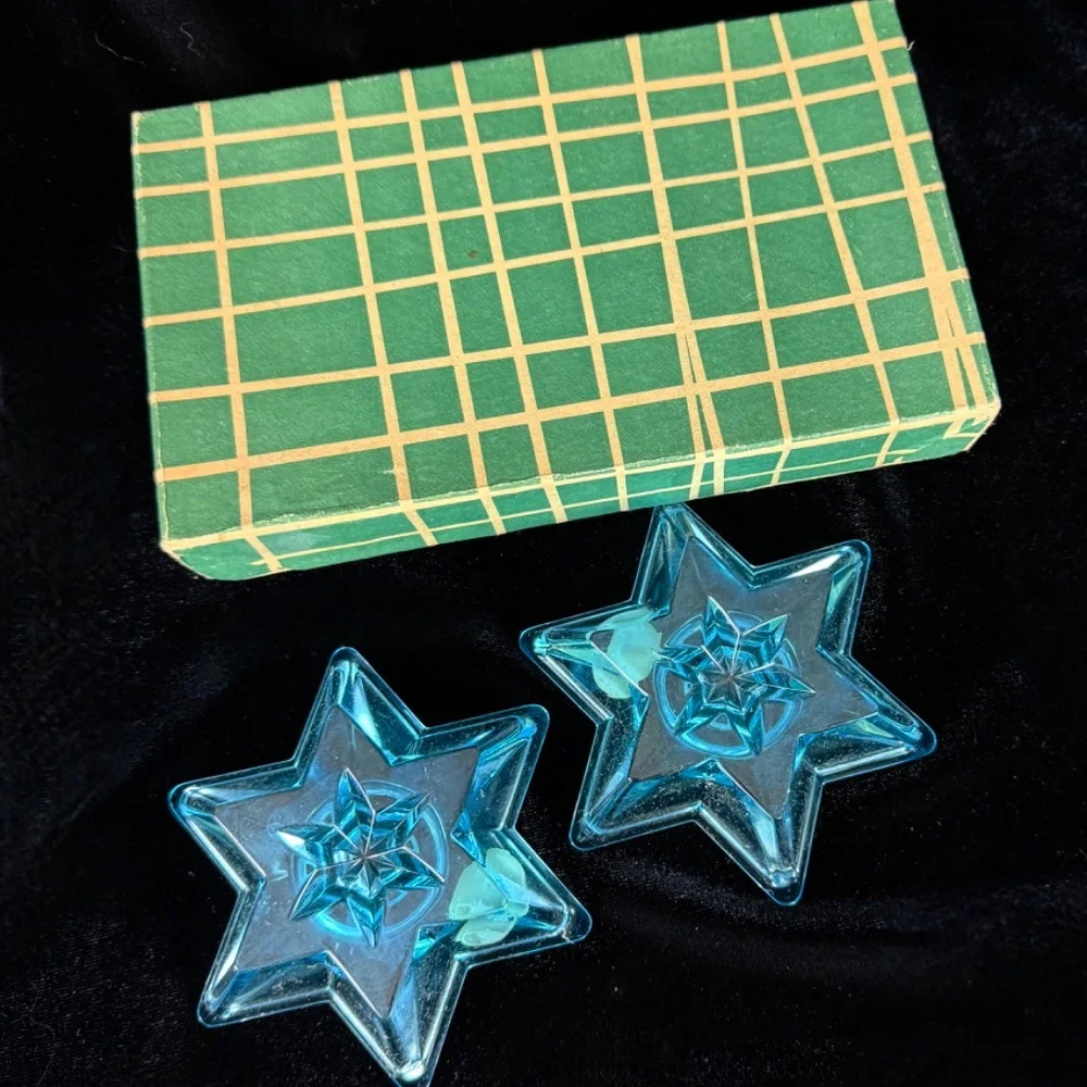 2 Blue Star of David Candleholders Vintage MCM Bohemian Glass Original Box - Picture 4 of 10
